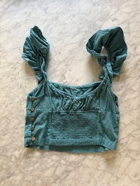 Free People Teal Smocked Crop Tank with Button Side Details
